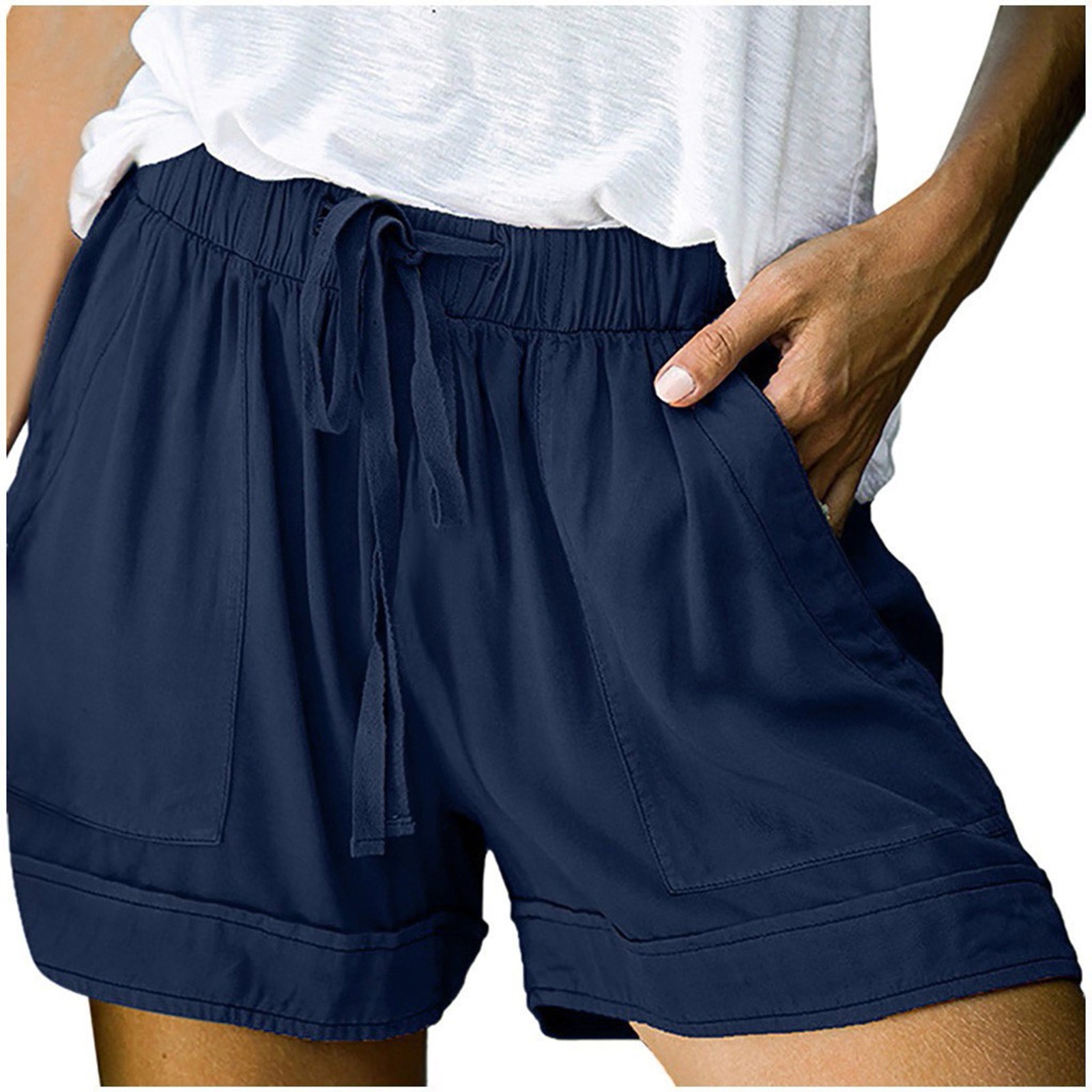 thumbnail image 1 of Pantalones cortos cómodos con cordón y cintura elástica para mujer - Pantalones holgados de color liso con bolsillos - Ropa informal de verano de poliéster, 1 of 8